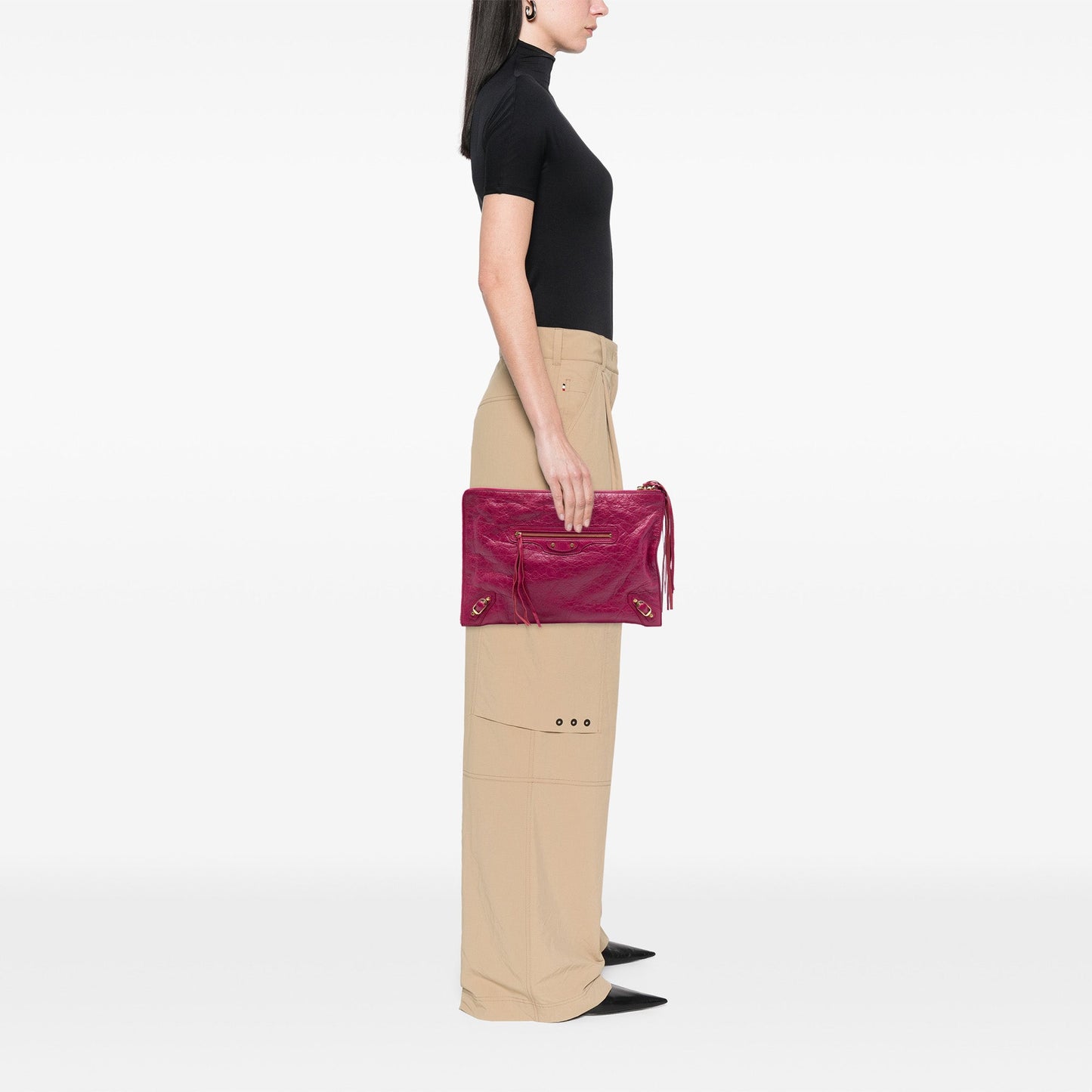 Balenciaga Lambskin Motocross Classic Zip Around Flat Clutch