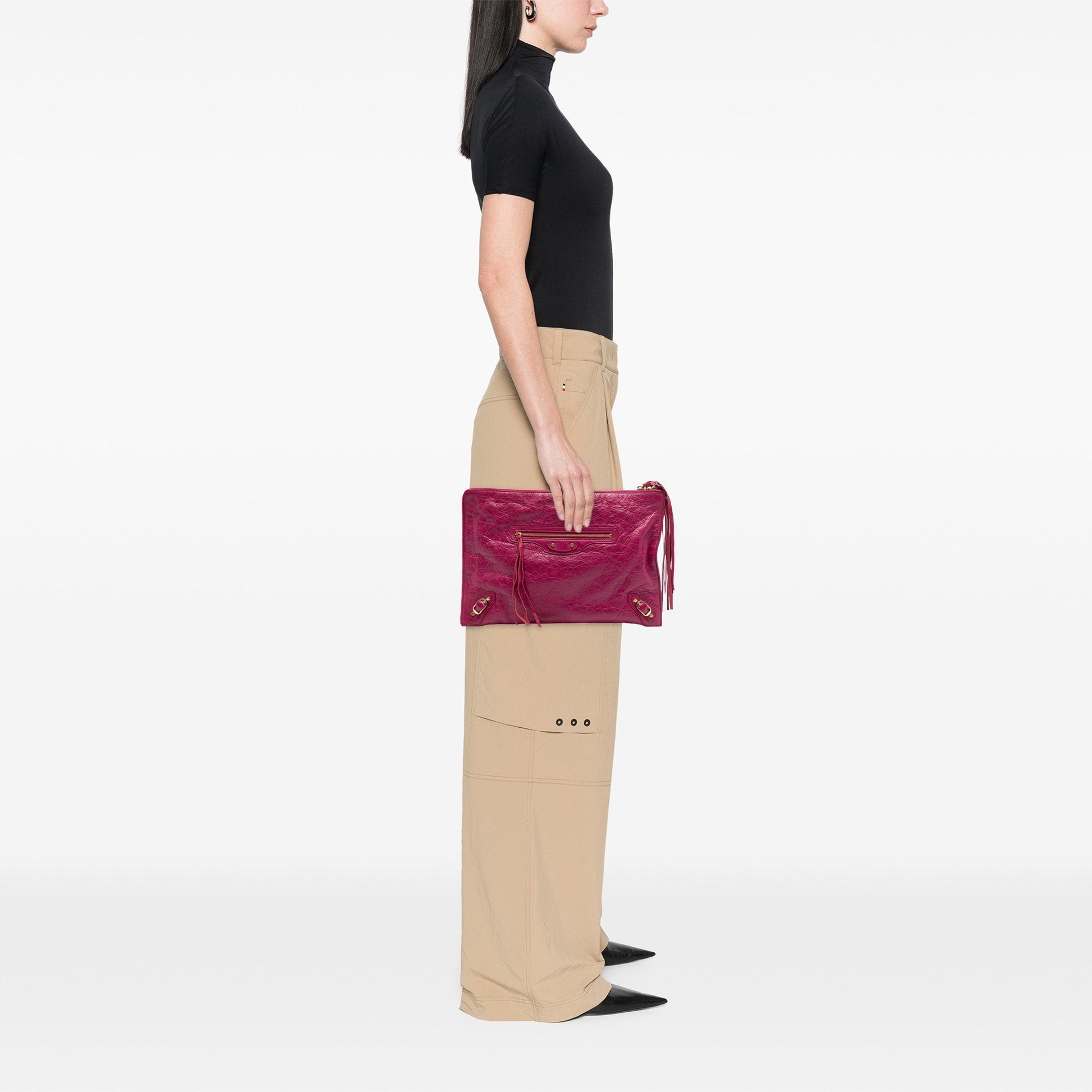 Balenciaga Lambskin Motocross Classic Zip Around Flat Clutch