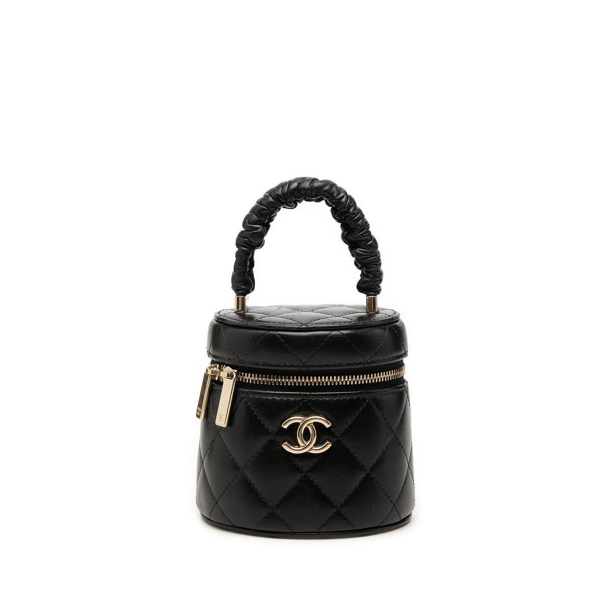 Chanel Mini Quilted Lambskin Ruched Handle Vanity Case — Black