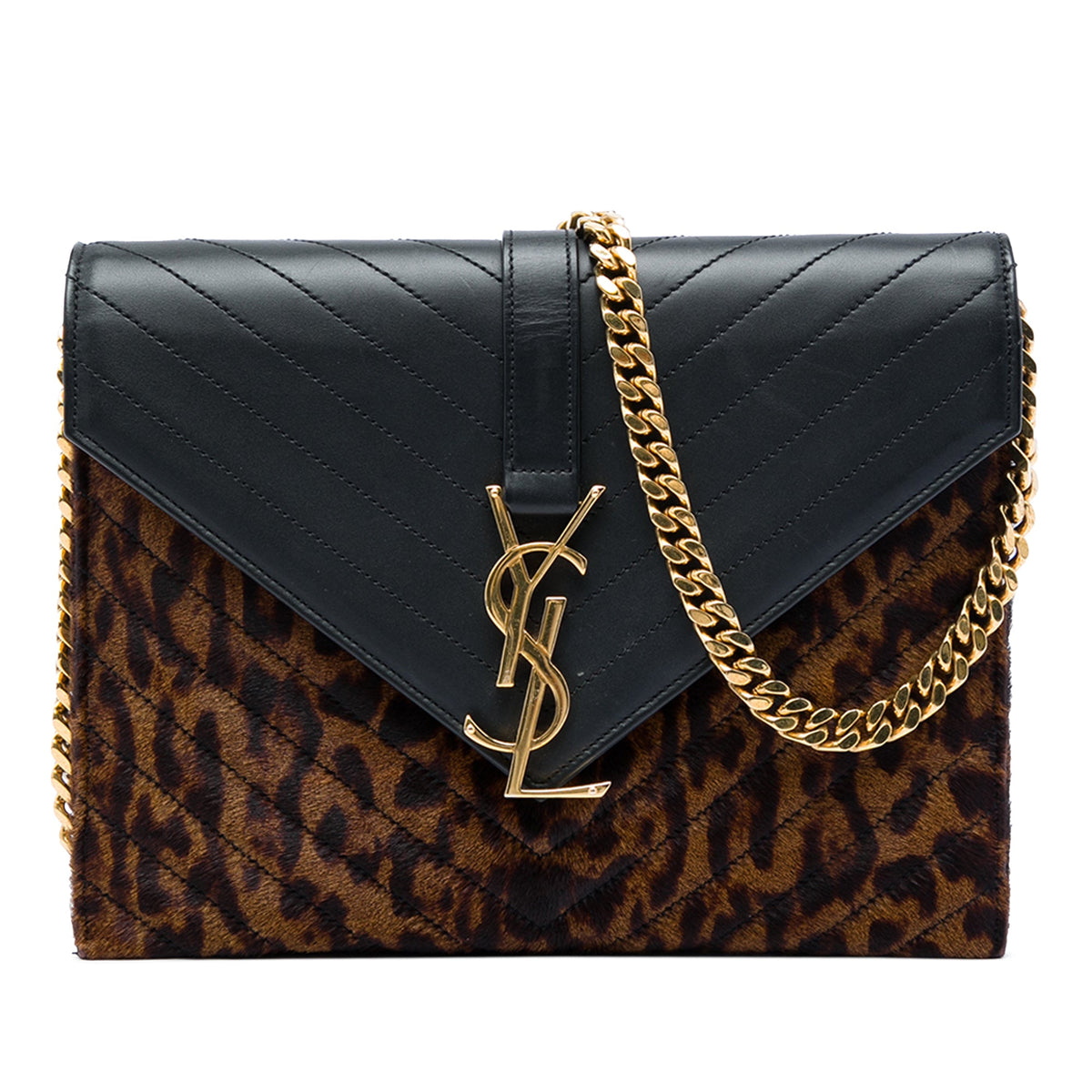 Saint Laurent Chevron Calfskin and Leopard Printed Calf Hair Classic Monogram Envelope Crossbody — Black