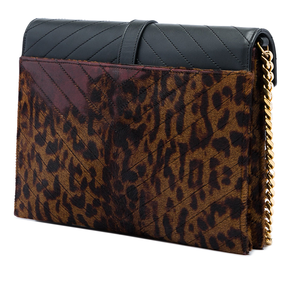 Saint Laurent Chevron Calfskin and Leopard Printed Calf Hair Classic Monogram Envelope Crossbody — Black