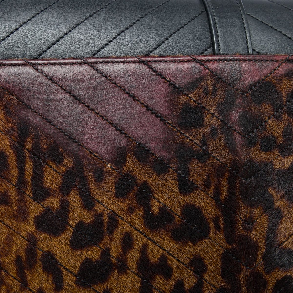 Saint Laurent Chevron Calfskin and Leopard Printed Calf Hair Classic Monogram Envelope Crossbody — Black