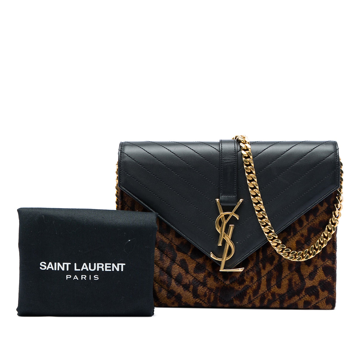 Saint Laurent Chevron Calfskin and Leopard Printed Calf Hair Classic Monogram Envelope Crossbody — Black