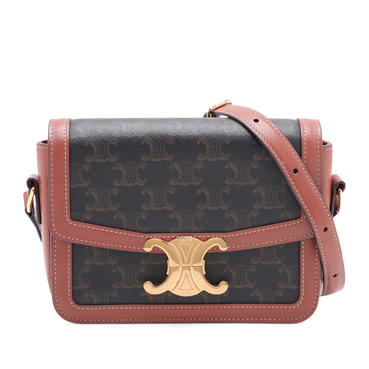 Celine Classique Triomphe Coated Canvas and Calfskin Triomphe Crossbody — Brown