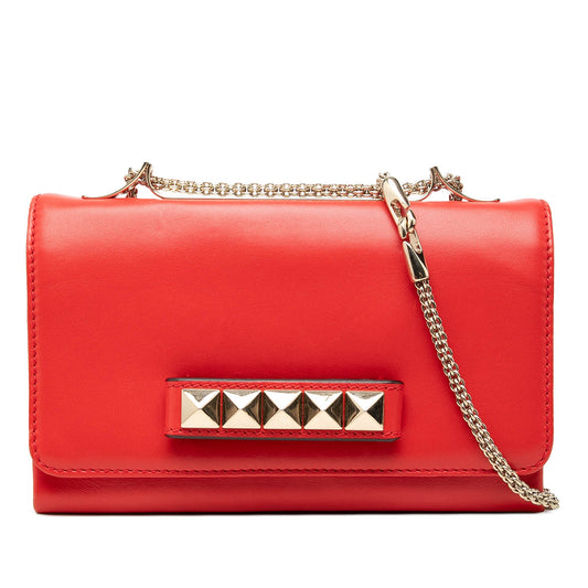Valentino Leather Rockstud Va Va Voom Clutch on Chain — Red