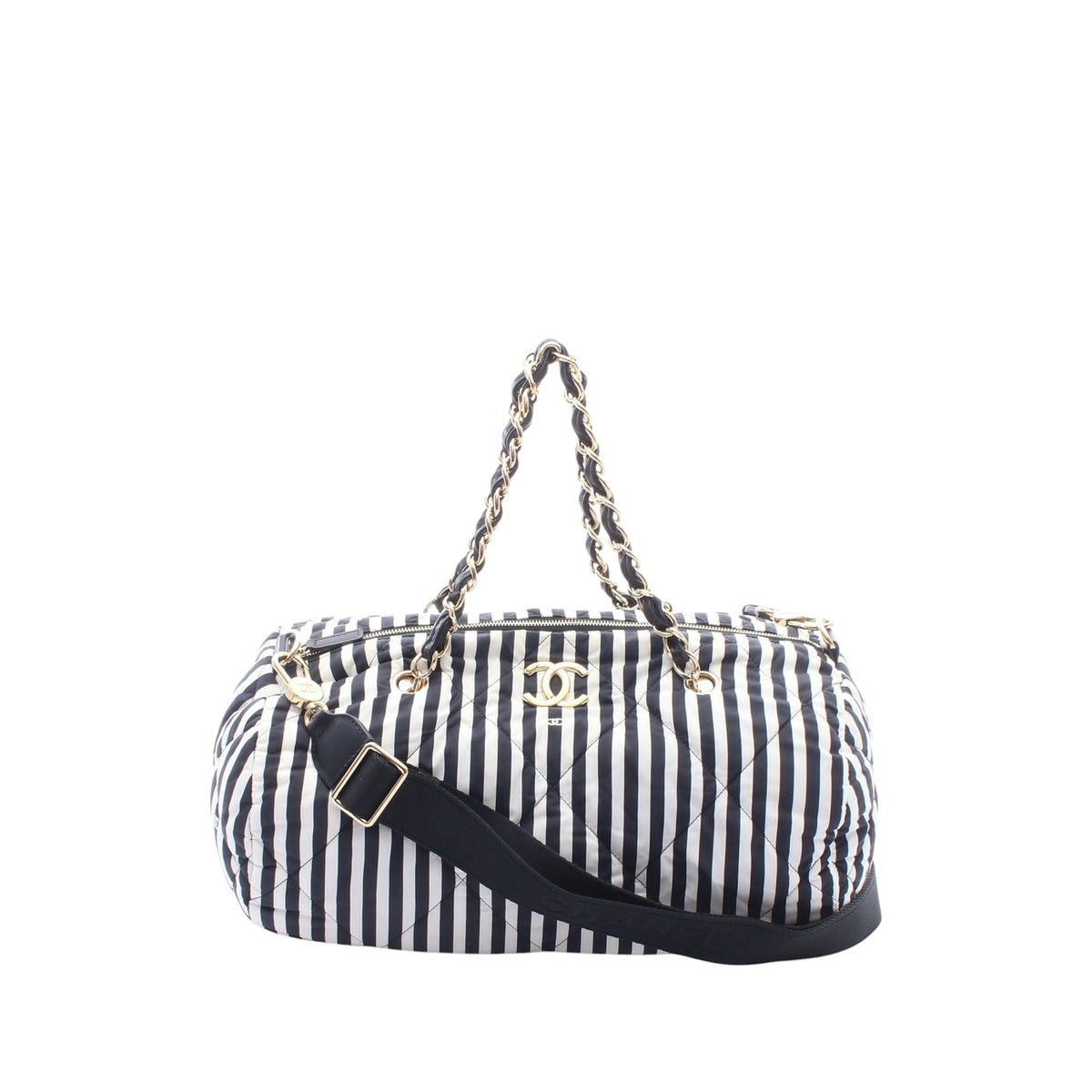 Chanel CC Striped Nylon Bowling Bag — Black