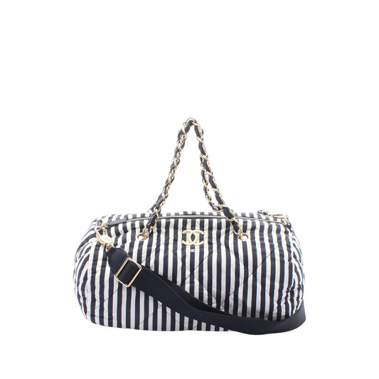 Chanel CC Striped Nylon Bowling Bag — Black