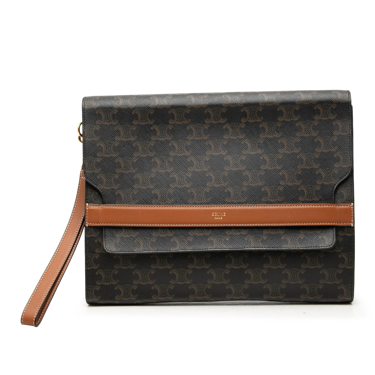Celine Triomphe Coated Canvas Wristlet Flap Pouch — Brown