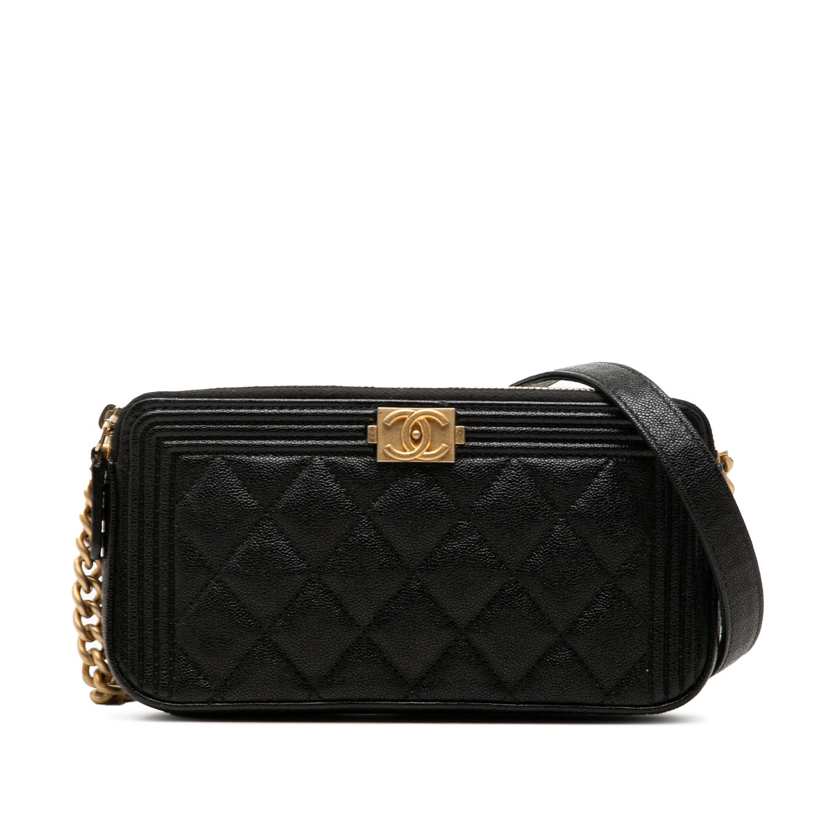 Chanel Quilted Caviar Boy Double Zip Wallet On Chain