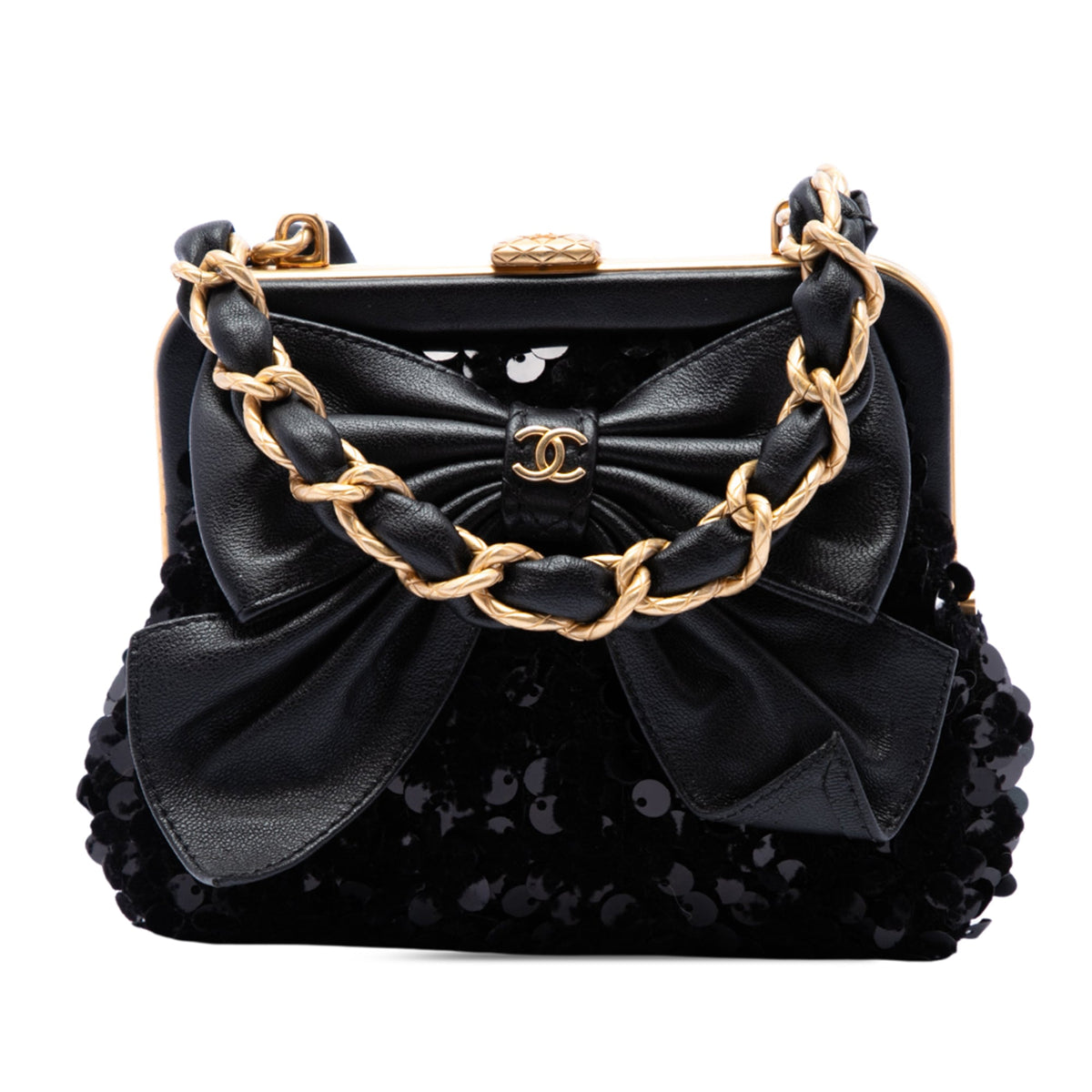Chanel Tweed and Lambskin Sequin Bow Clutch With Chain