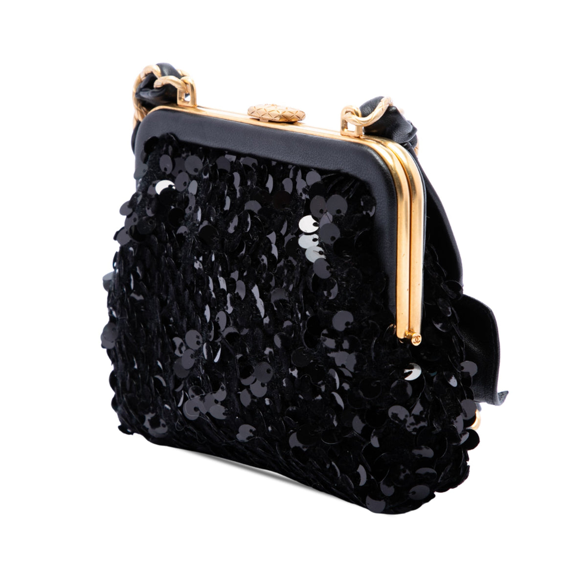 Chanel Tweed and Lambskin Sequin Bow Clutch With Chain