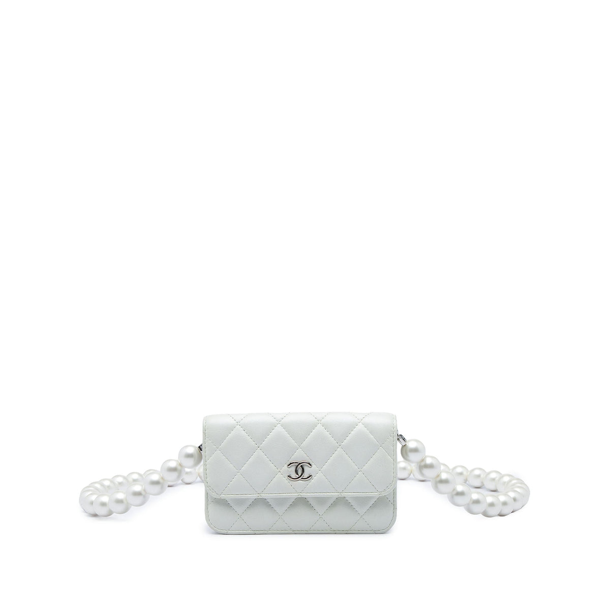 Chanel CC Quilted Lambskin Maxi Pearl Chain Strap — White