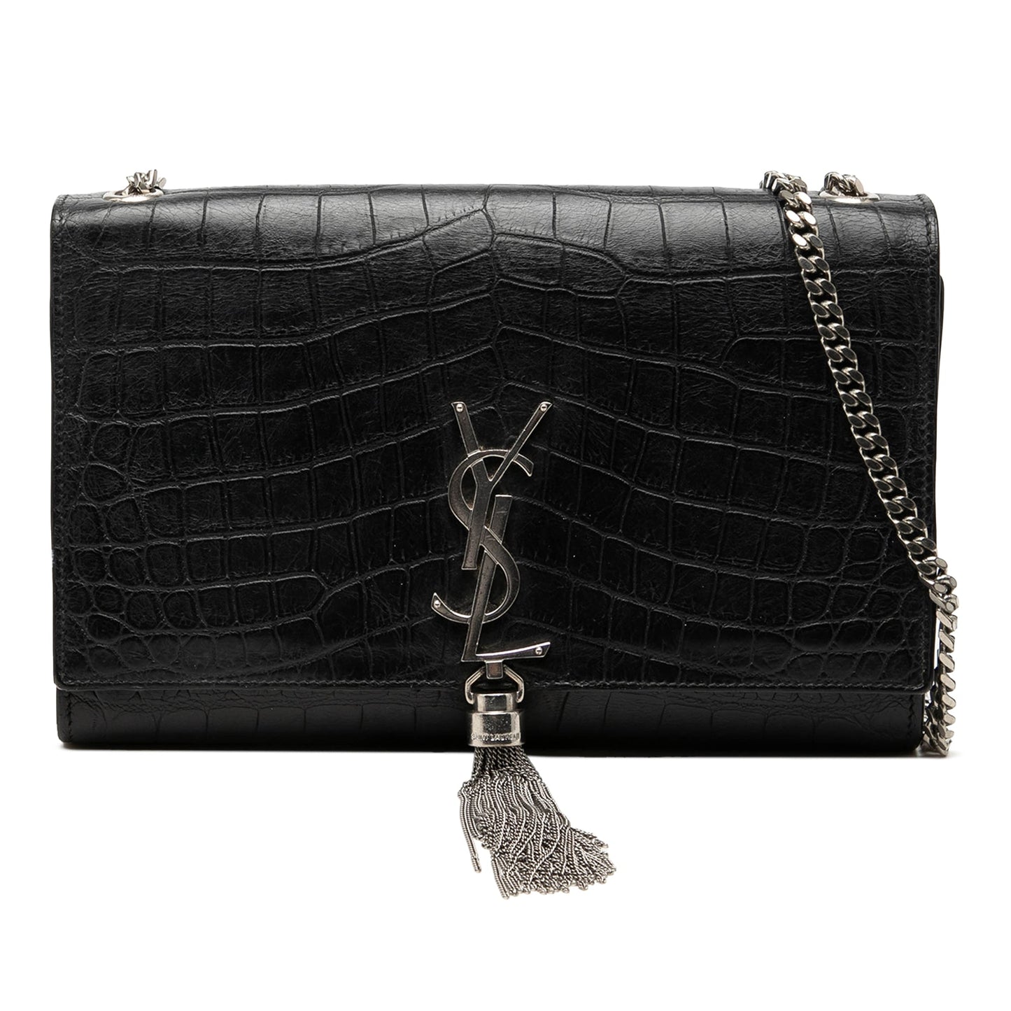 Saint Laurent Medium Croc Embossed Leather Monogram Kate Tassel Crossbody