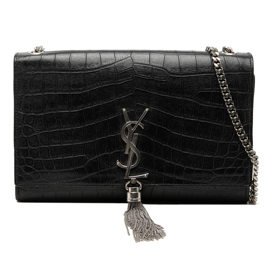 Saint Laurent Medium Croc Embossed Leather Monogram Kate Tassel Crossbody