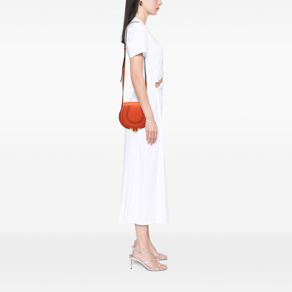 Chloé Small Grained Leather Marcie Saddle Crossbody — Orange