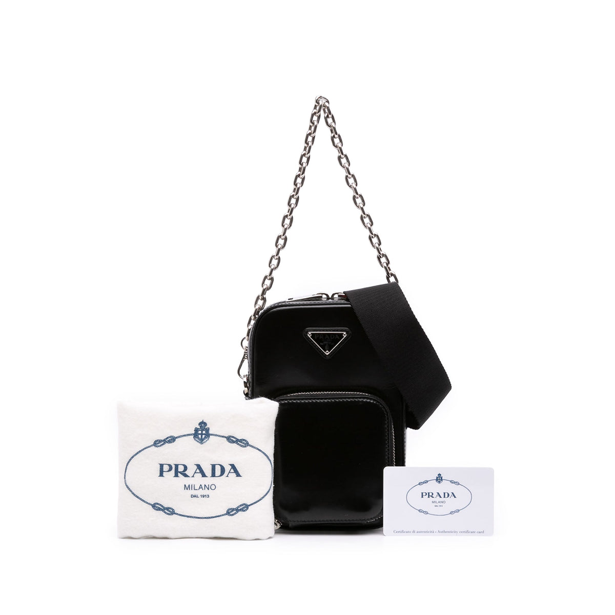 Prada Mini Brushed Leather Phone Pouch — Black