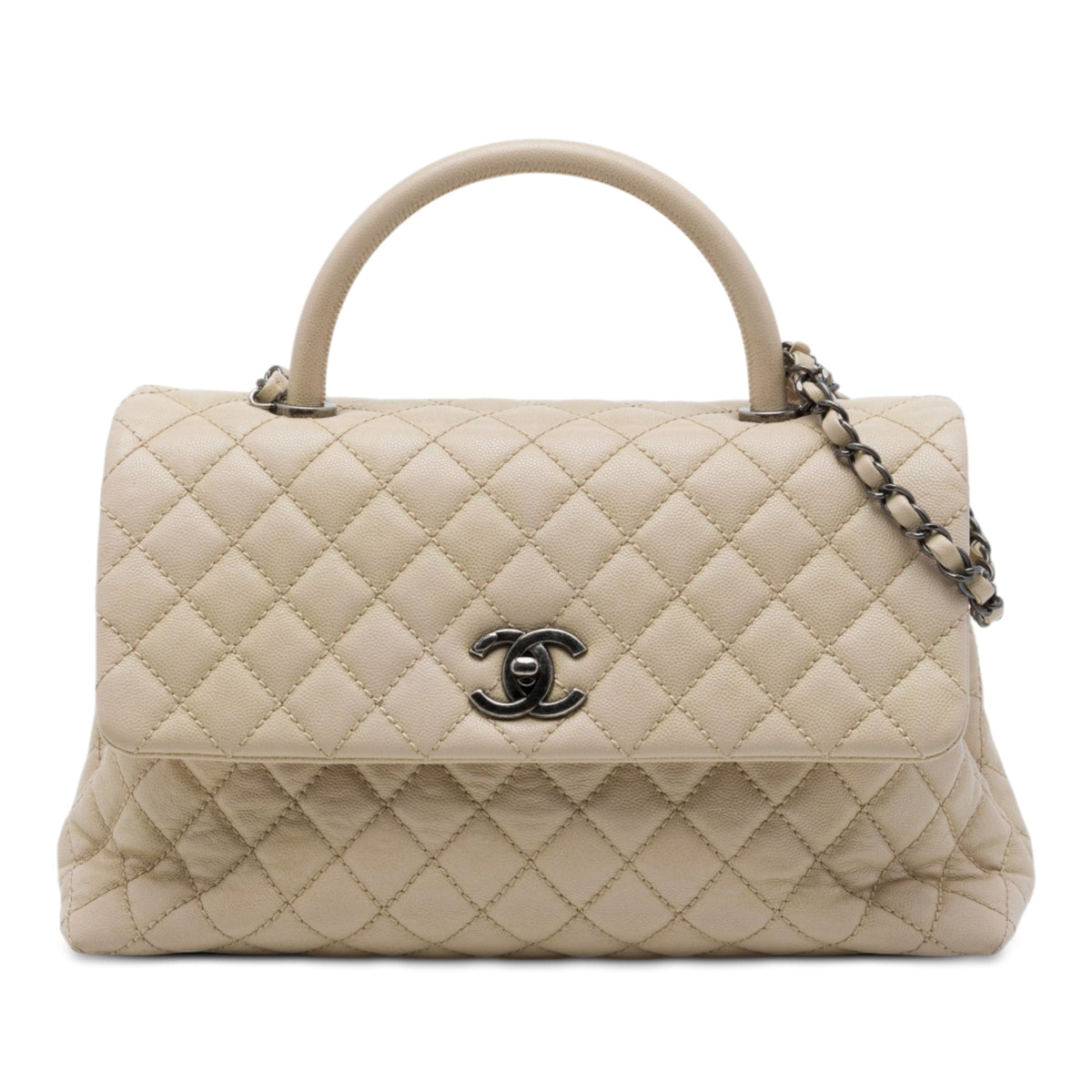 Chanel Large Quilted Caviar Coco Top Handle Bag — Beige