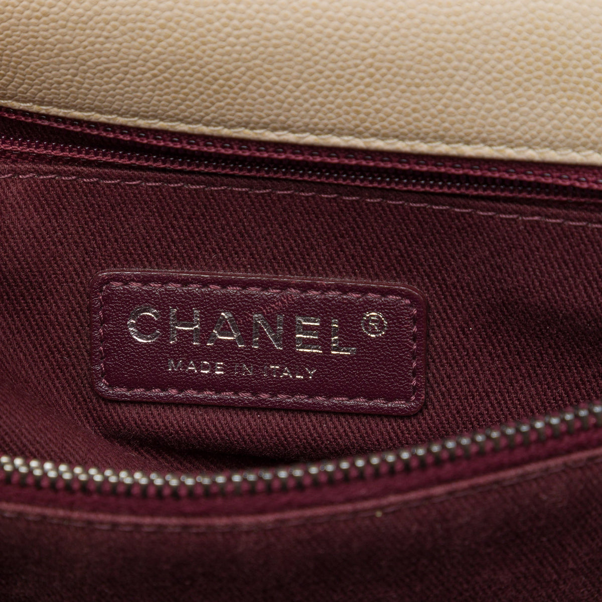 Chanel Large Quilted Caviar Coco Top Handle Bag — Beige
