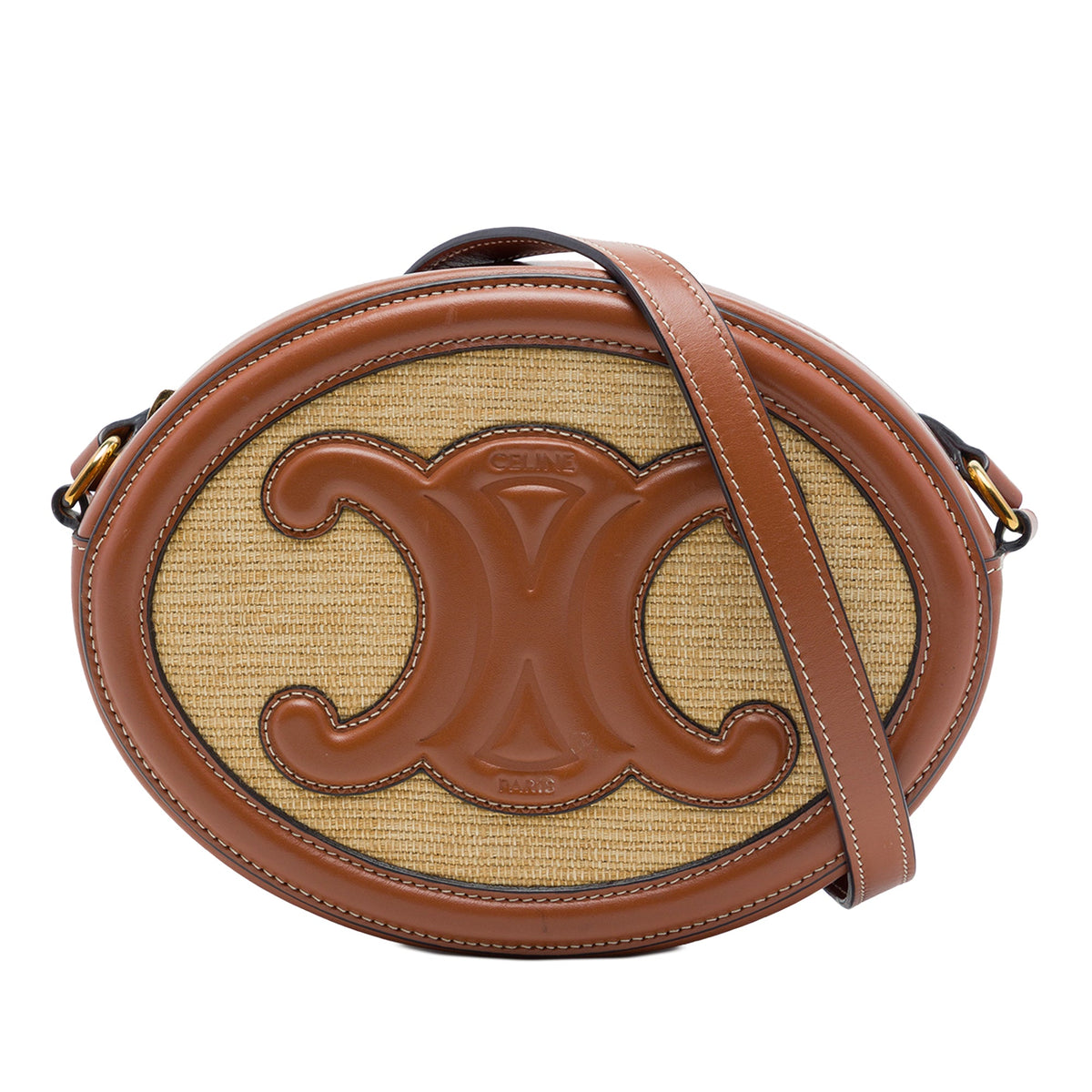Celine Straw Effect Canvas Cuir Triomphe Oval Crossbody — Beige