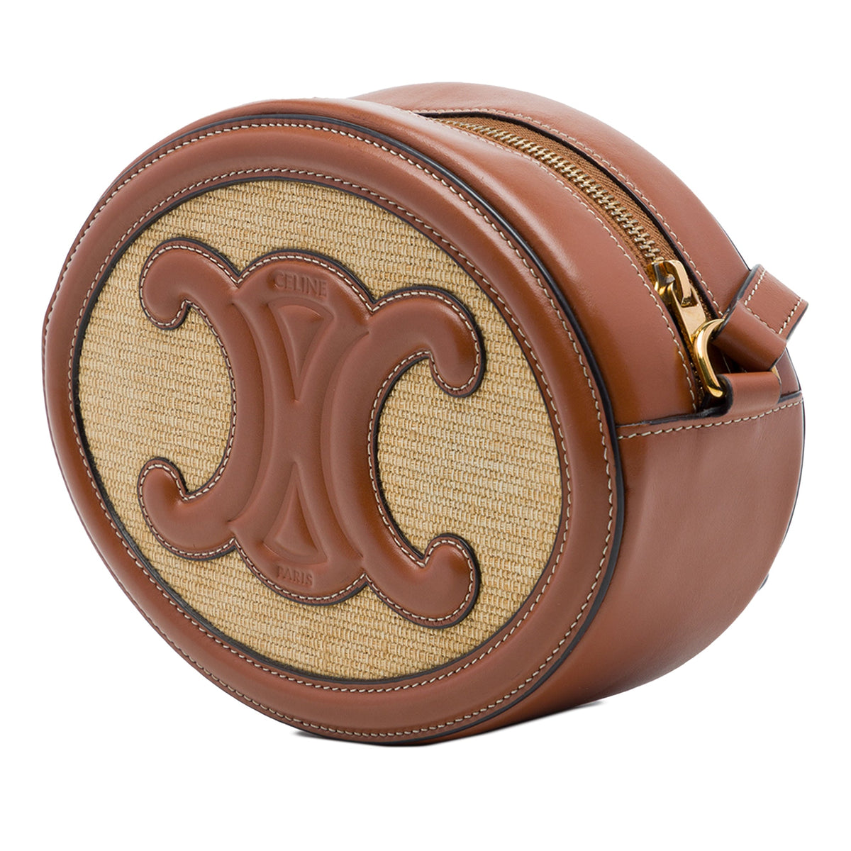 Celine Straw Effect Canvas Cuir Triomphe Oval Crossbody — Beige