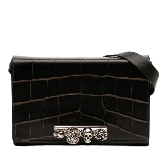 Alexander McQueen Mini Croc Embossed Skull Jeweled Crossbody