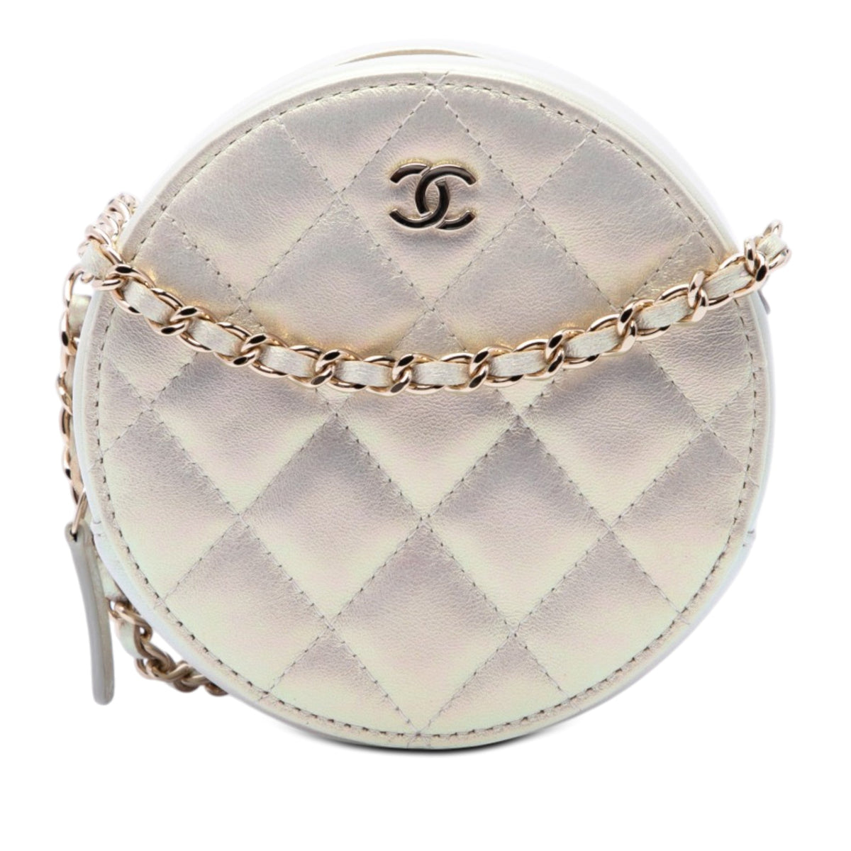 Chanel CC Quilted Iridescent Lambskin Round Clutch With Chain
