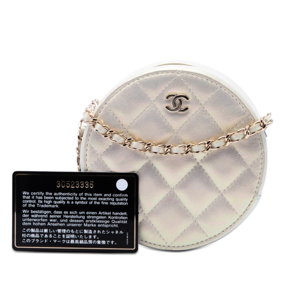 Chanel CC Quilted Iridescent Lambskin Round Clutch With Chain
