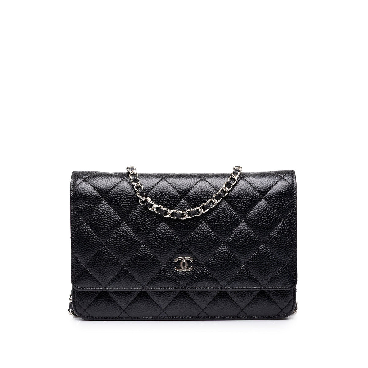 Chanel CC Quilted Caviar Wallet on Chain — Black
