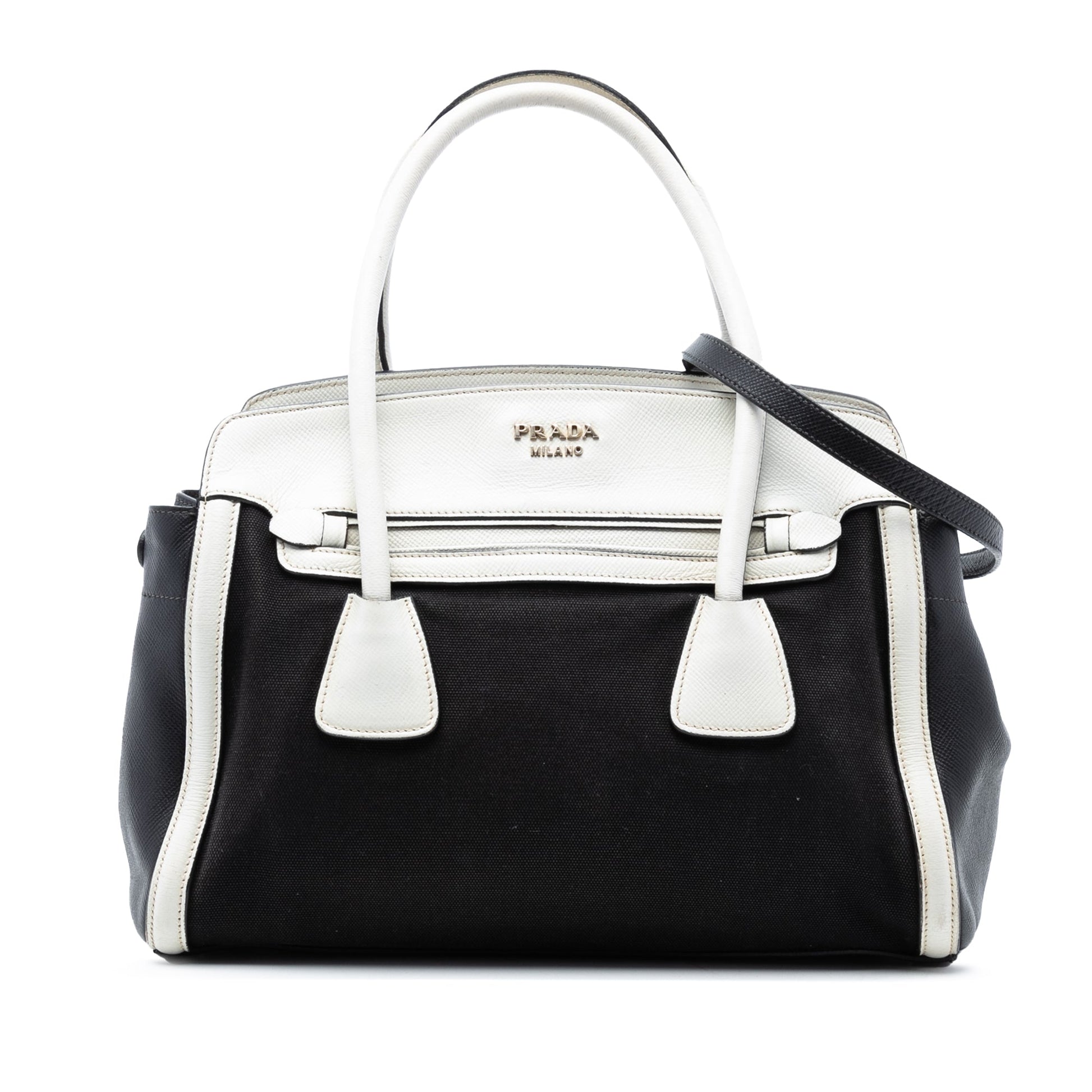 Prada Bicolor Saffiano Cuir Trimmed Canvas Satchel