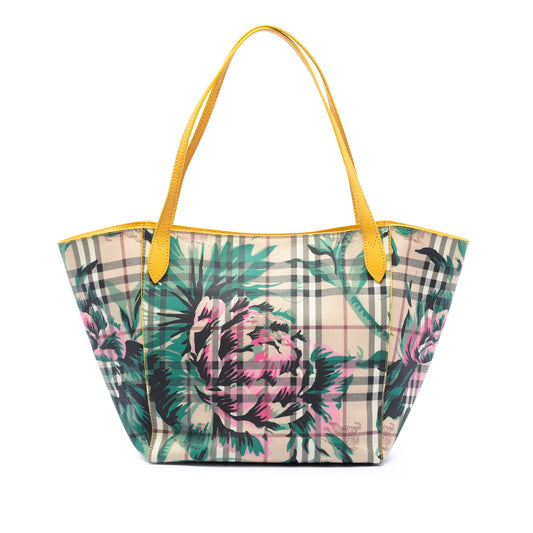 Burberry Small Haymarket Check Floral Print Coated Canvas Canterbury Tote