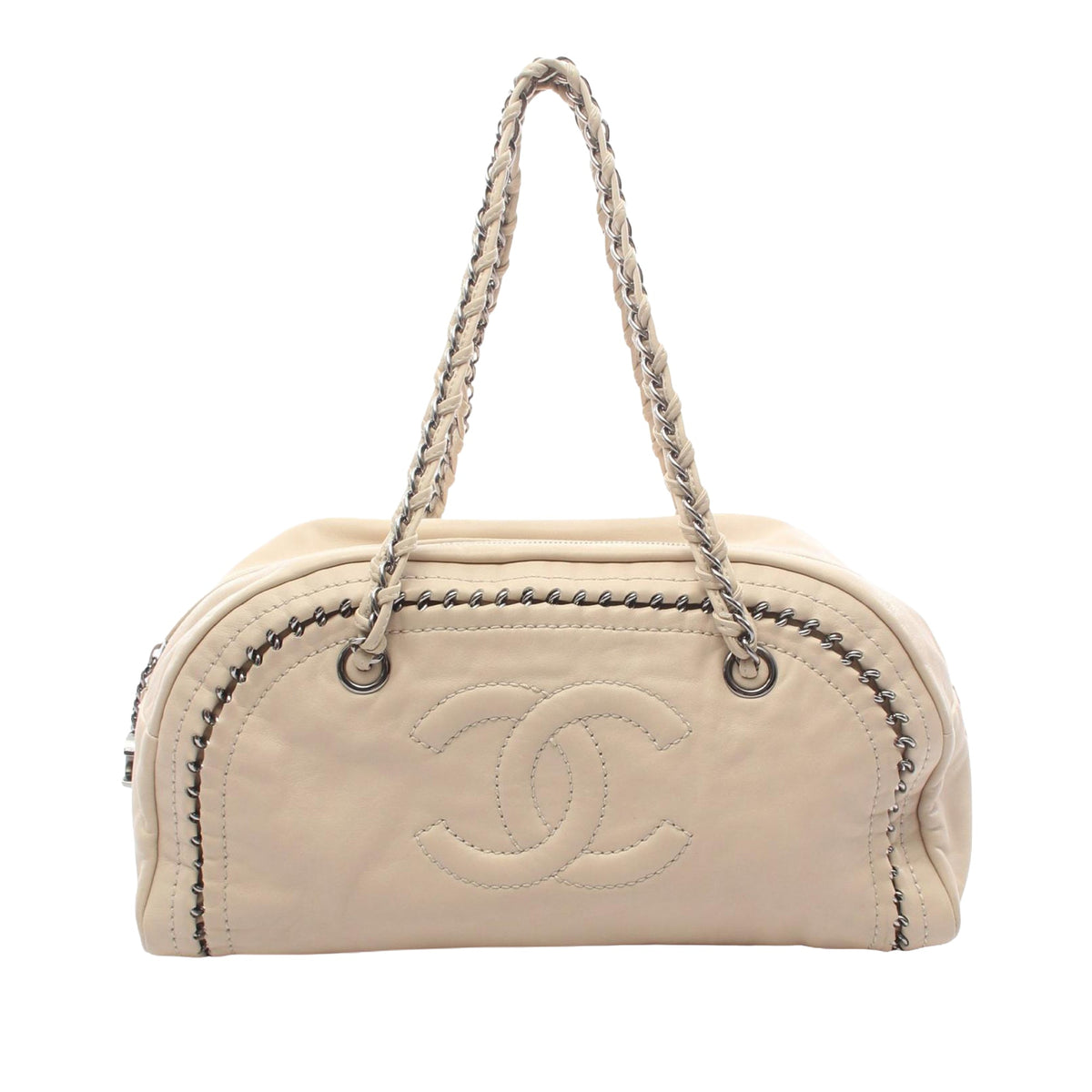 Chanel CC Lambskin Bowling Bag — Beige