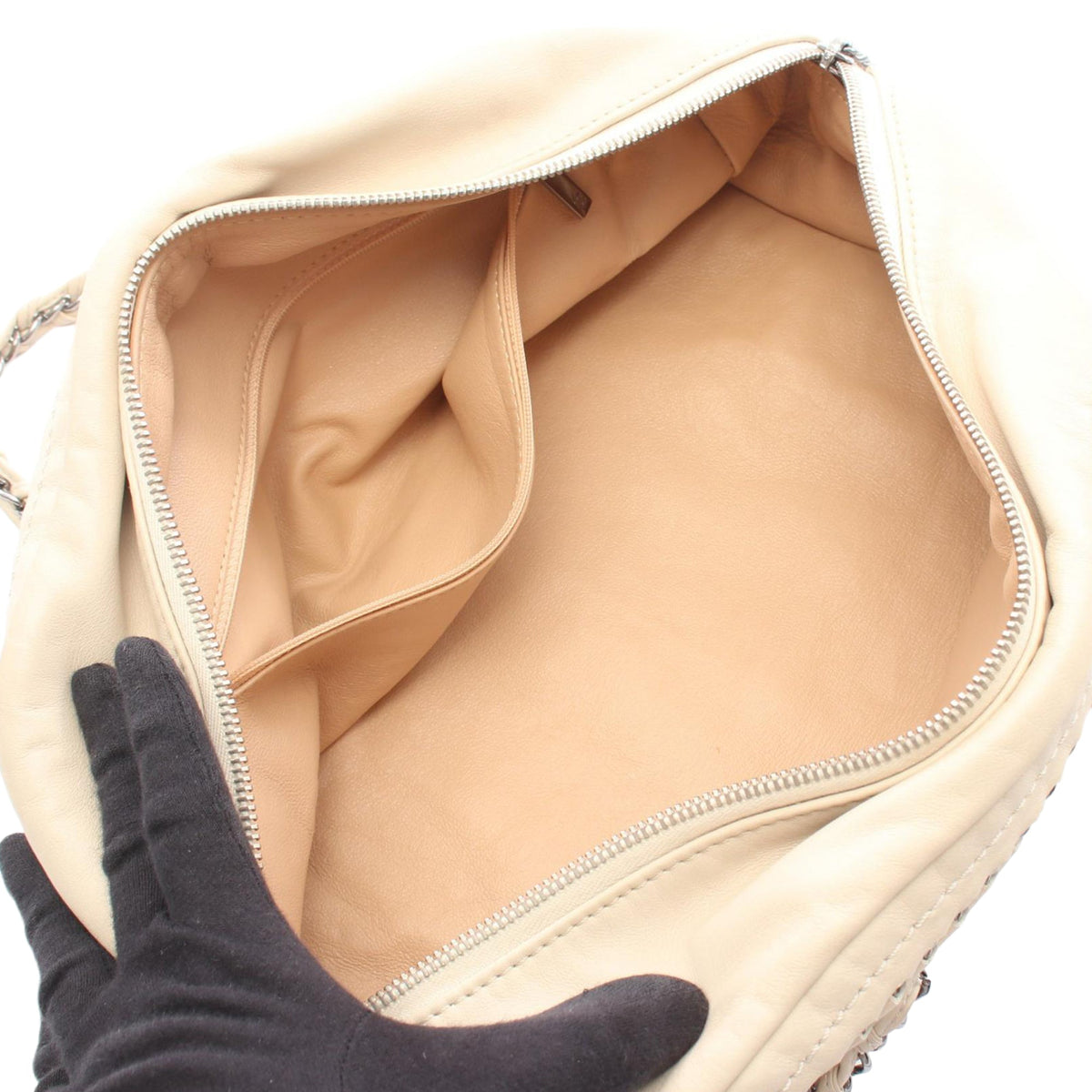 Chanel CC Lambskin Bowling Bag — Beige
