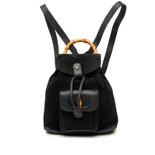Gucci Suede Bamboo Drawstring Backpack — Black