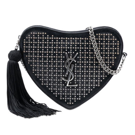 Saint Laurent Studded Calfskin Sac Coeur Heart Tassel Crossbody