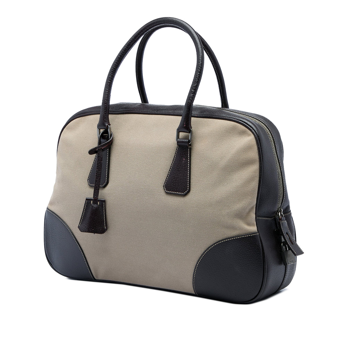 Prada Cinghiale Trimmed Canvas Canapa Bauletto Bag — Beige