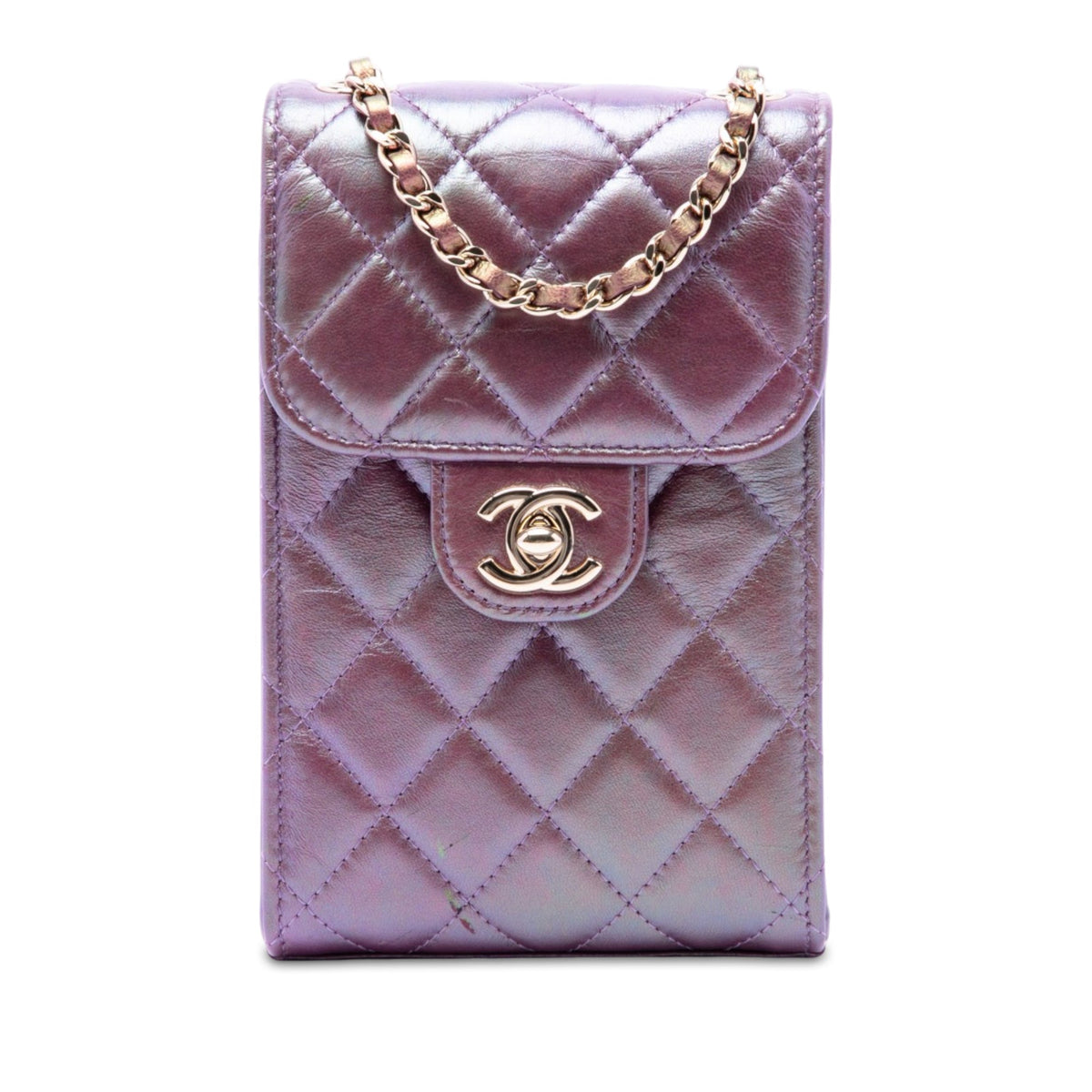 Chanel CC Quilted Iridescent Lambskin Phone Holder with Chain — Purple