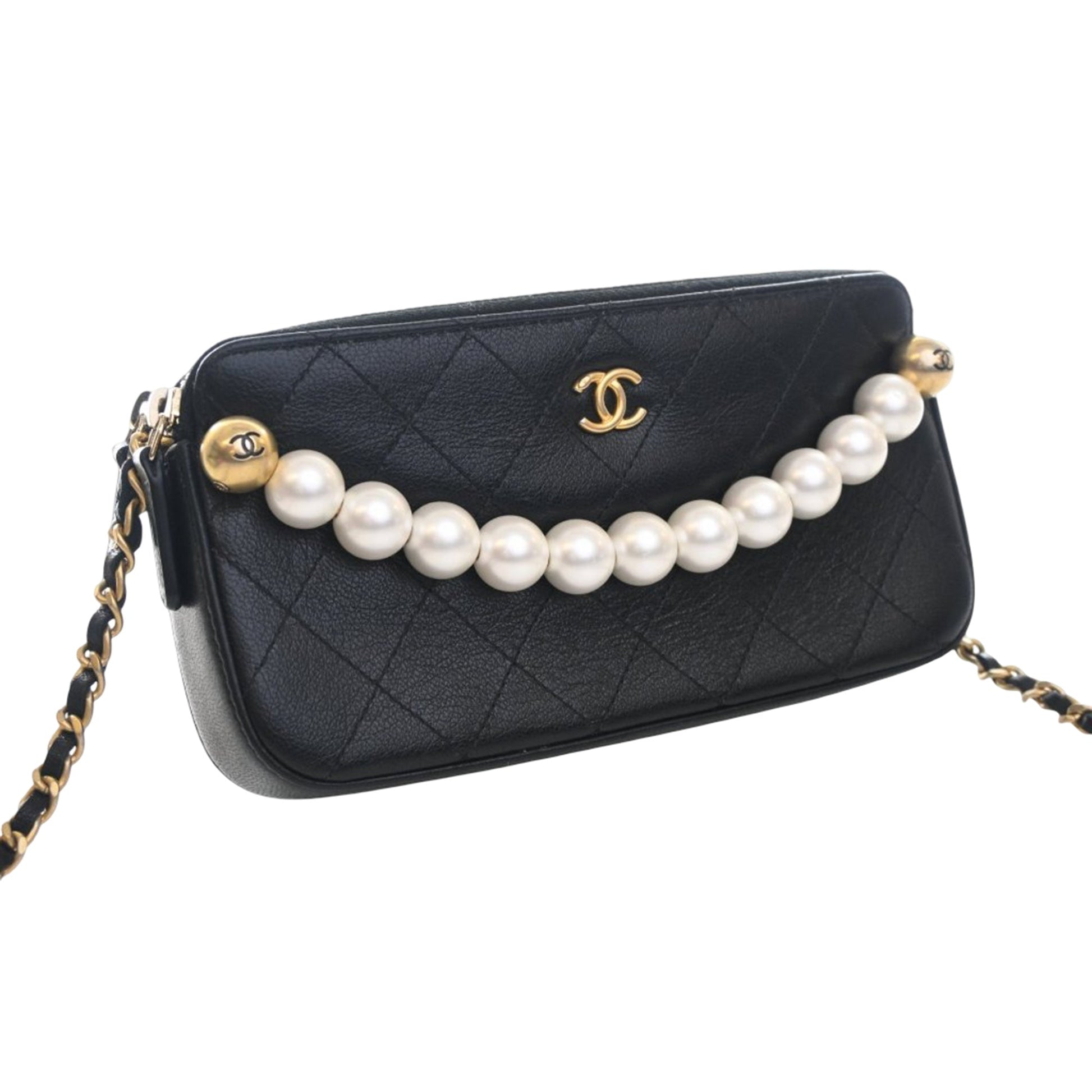 CC Quilted Goatskin Chic Pearls Double Zip Clutch With Chain
