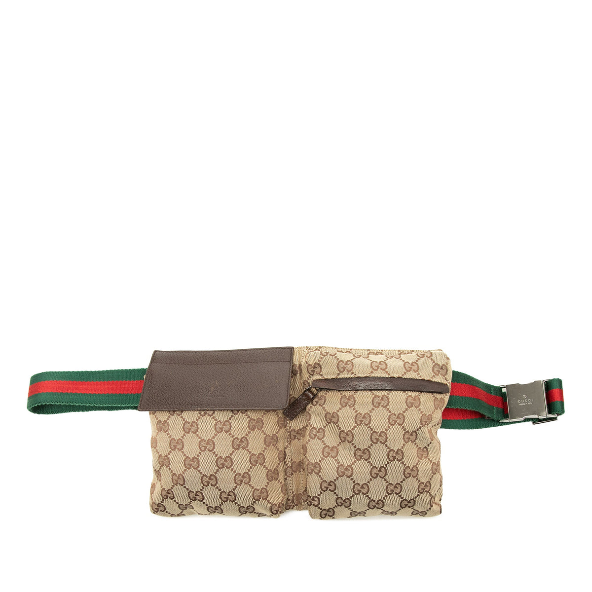 Gucci GG Canvas Web Double Pocket Belt Bag — Beige