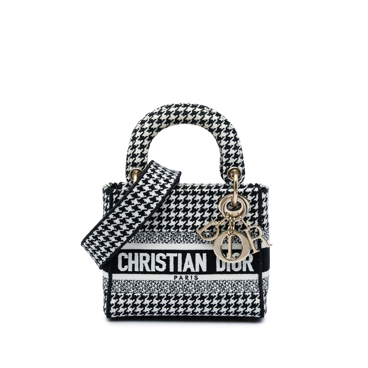 Dior Mini Embroidered Canvas Houndstooth Lady D Lite — White