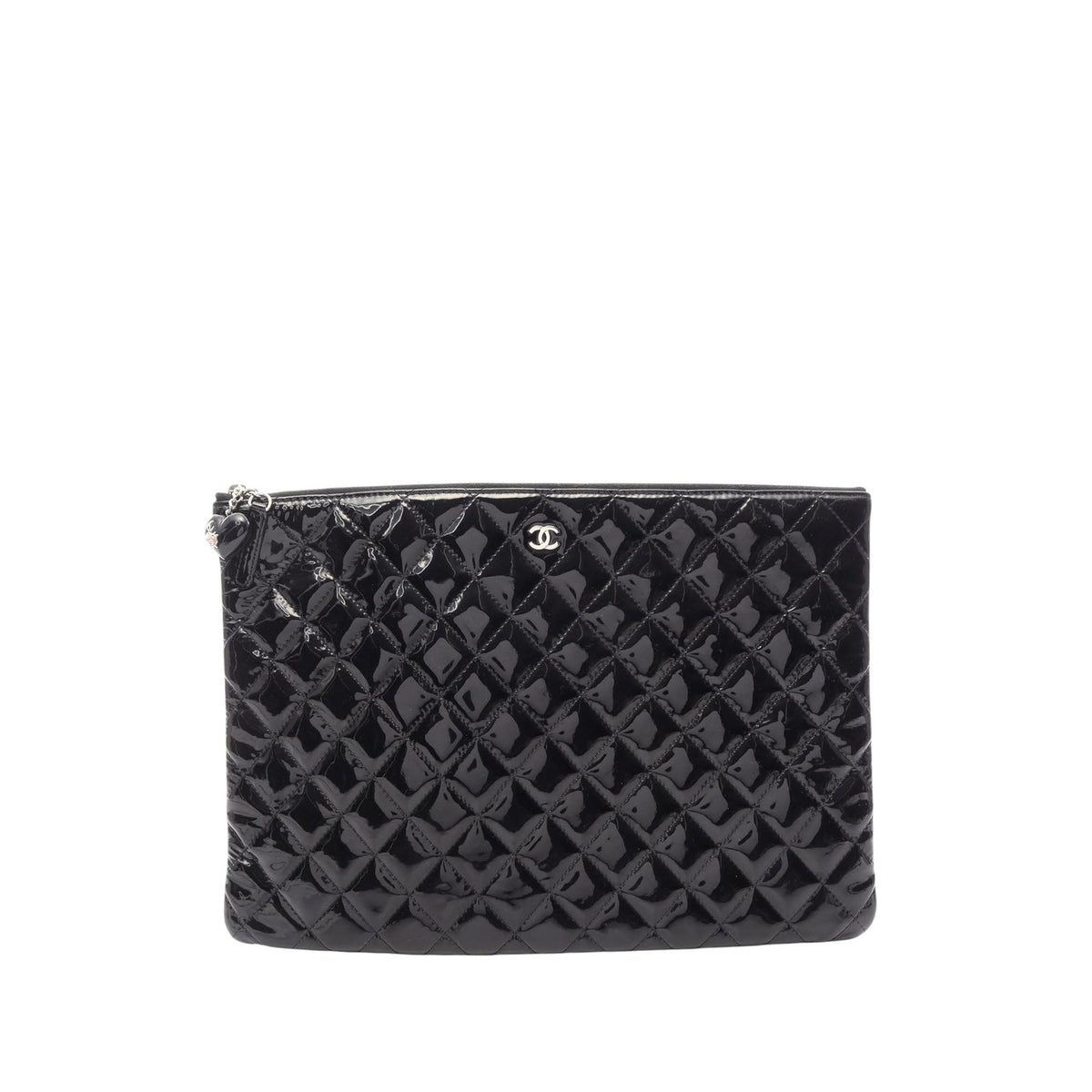 Chanel Large Quilted Patent Double Stitch O Case Clutch — Black