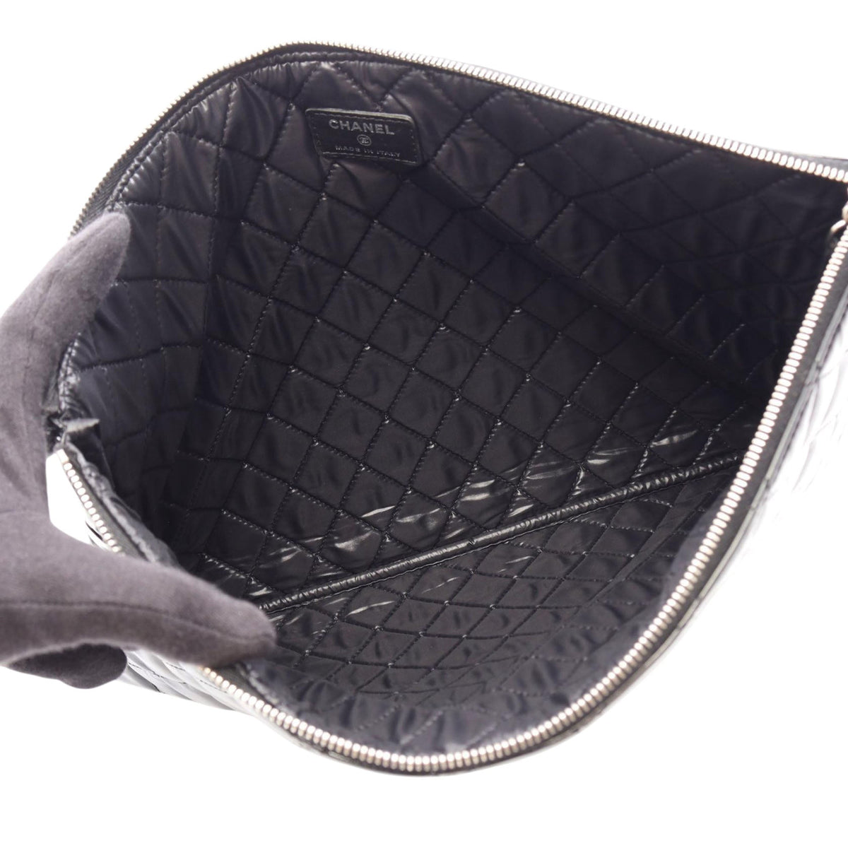 Chanel Large Quilted Patent Double Stitch O Case Clutch — Black