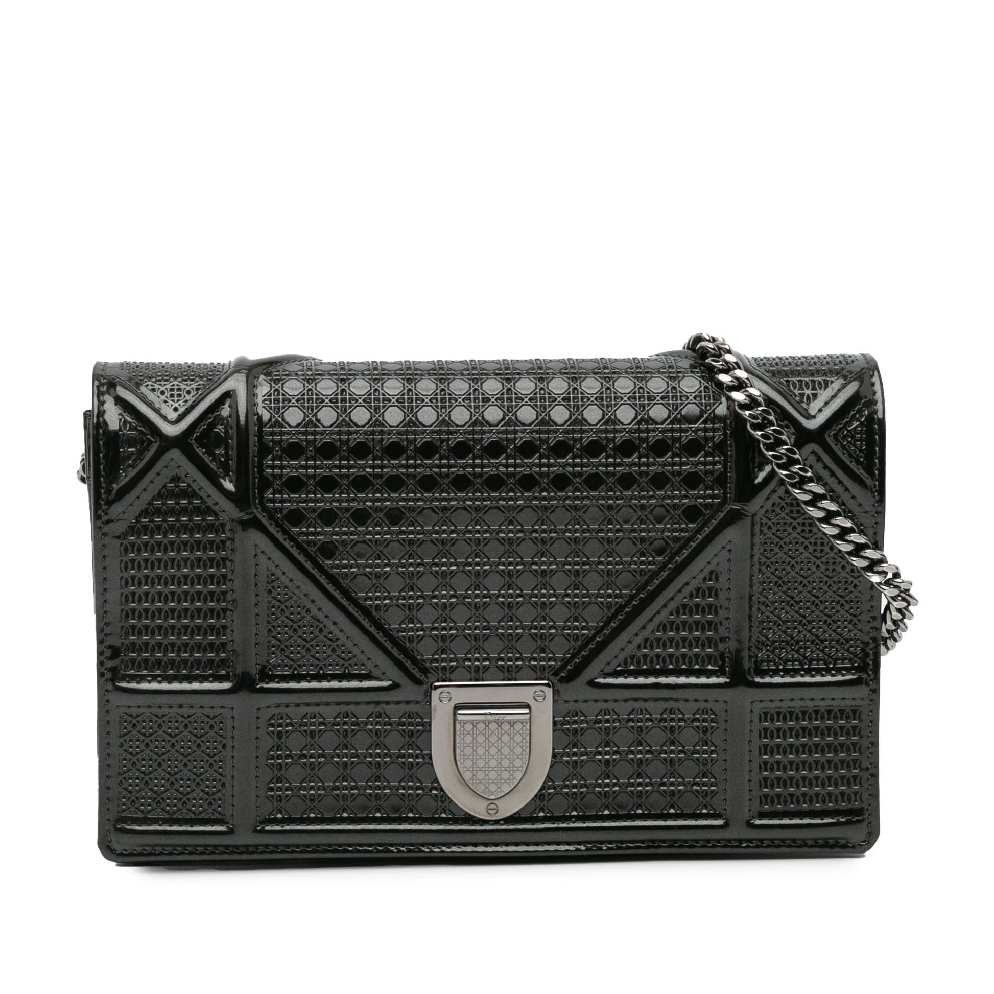 Dior Metallic Patent Microcannage Diorama Wallet on Chain