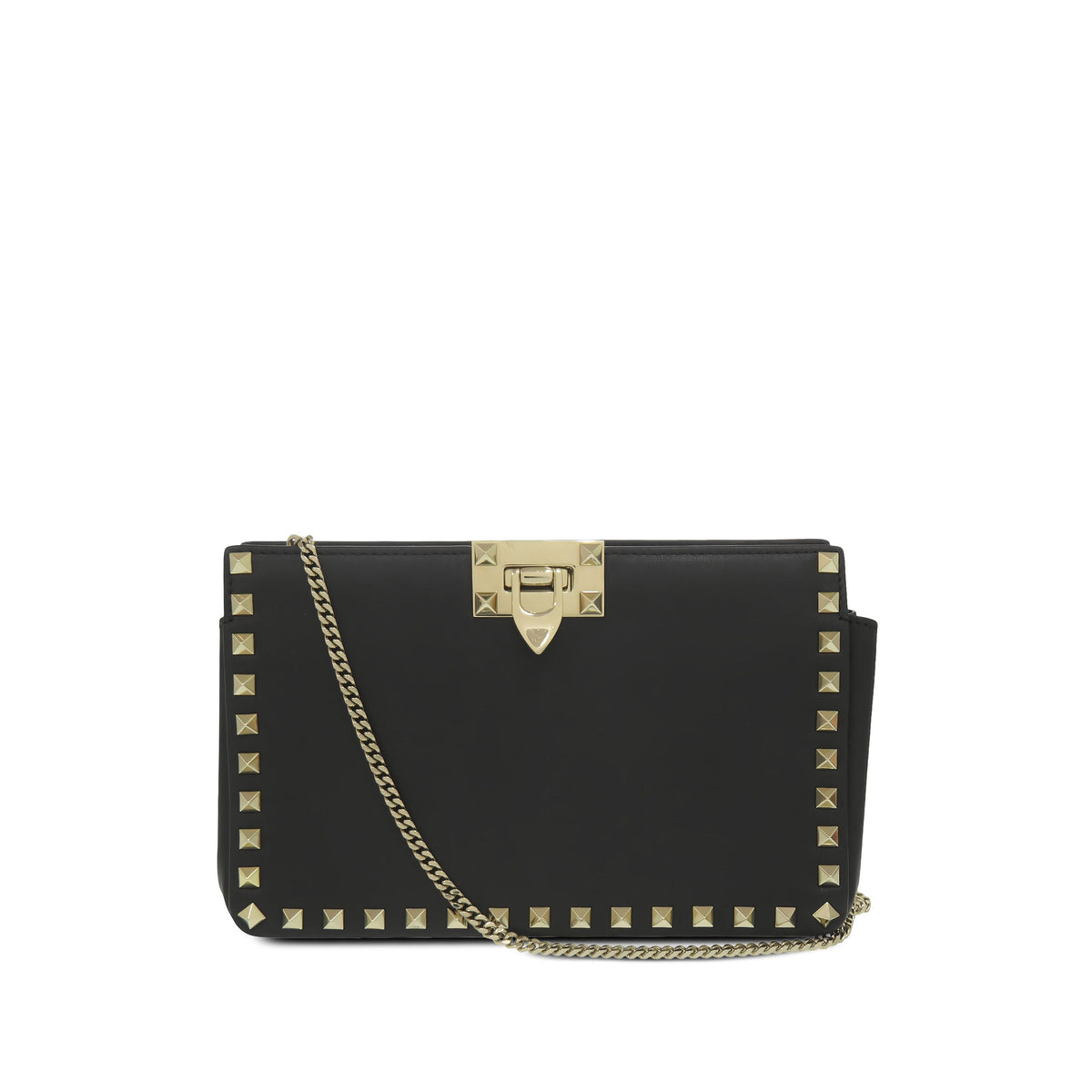 Valentino Leather Rockstud Flip Lock Clutch With Chain — Black