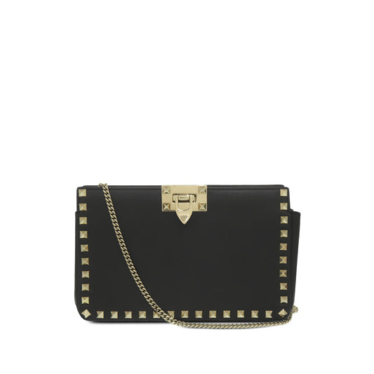 Valentino Leather Rockstud Flip Lock Clutch With Chain — Black
