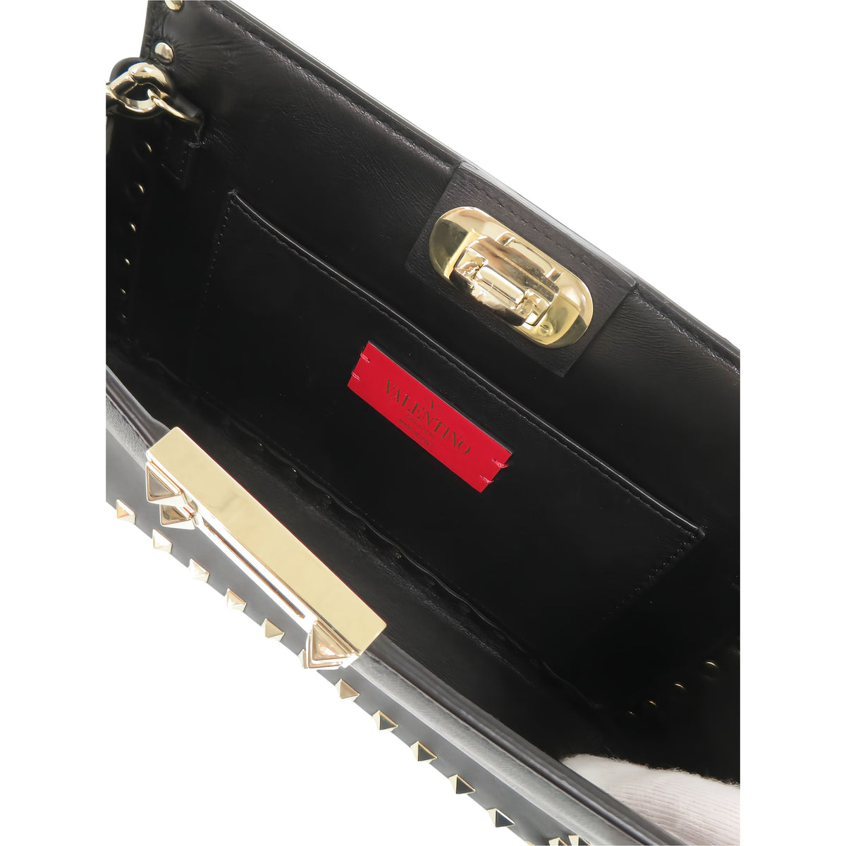 Valentino Leather Rockstud Flip Lock Clutch With Chain — Black