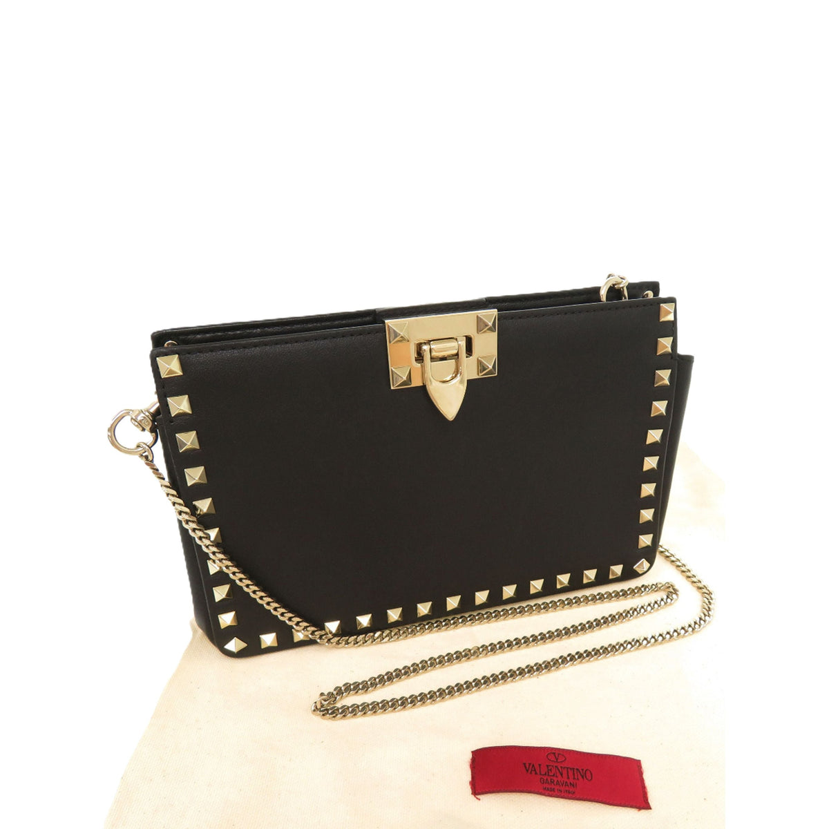 Valentino Leather Rockstud Flip Lock Clutch With Chain — Black