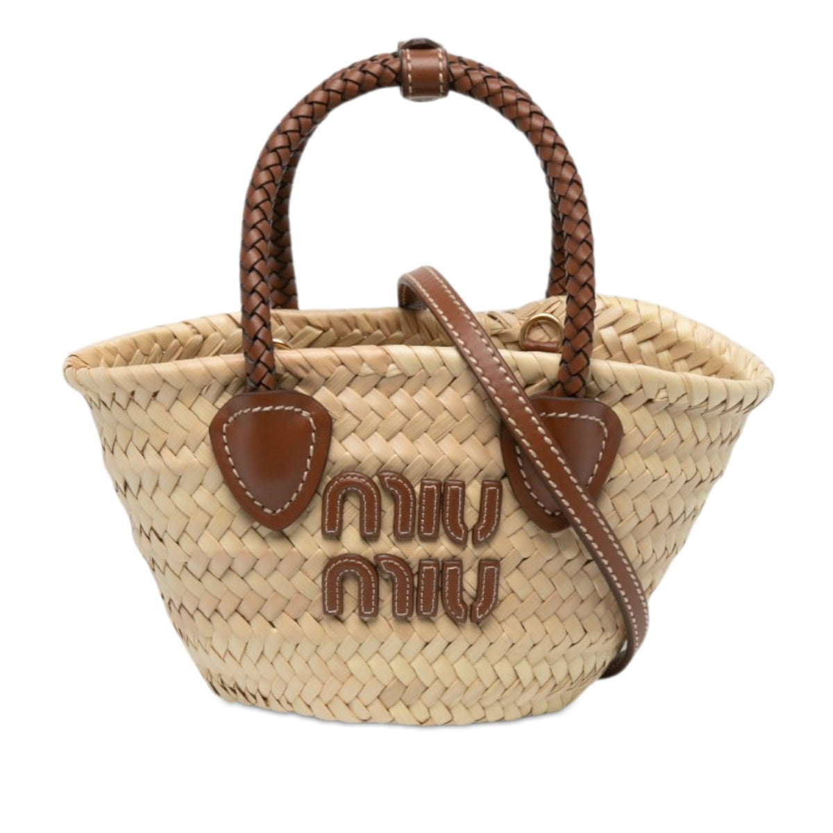 Miu Miu Raffia Logo Braided Top Handle Bag — Beige