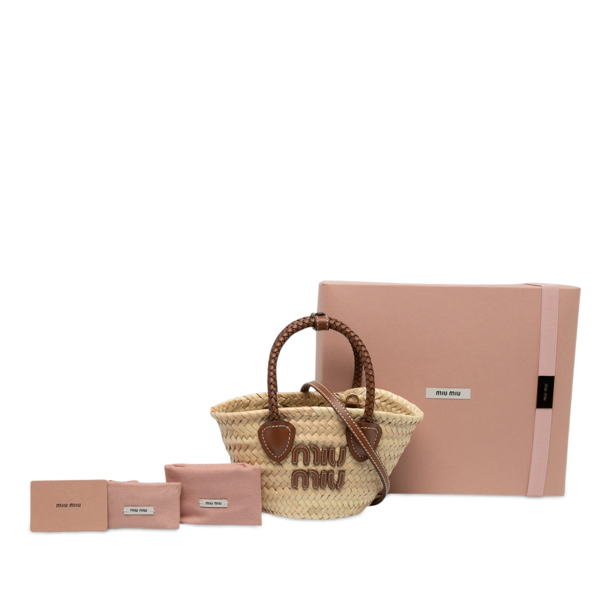 Miu Miu Raffia Logo Braided Top Handle Bag — Beige