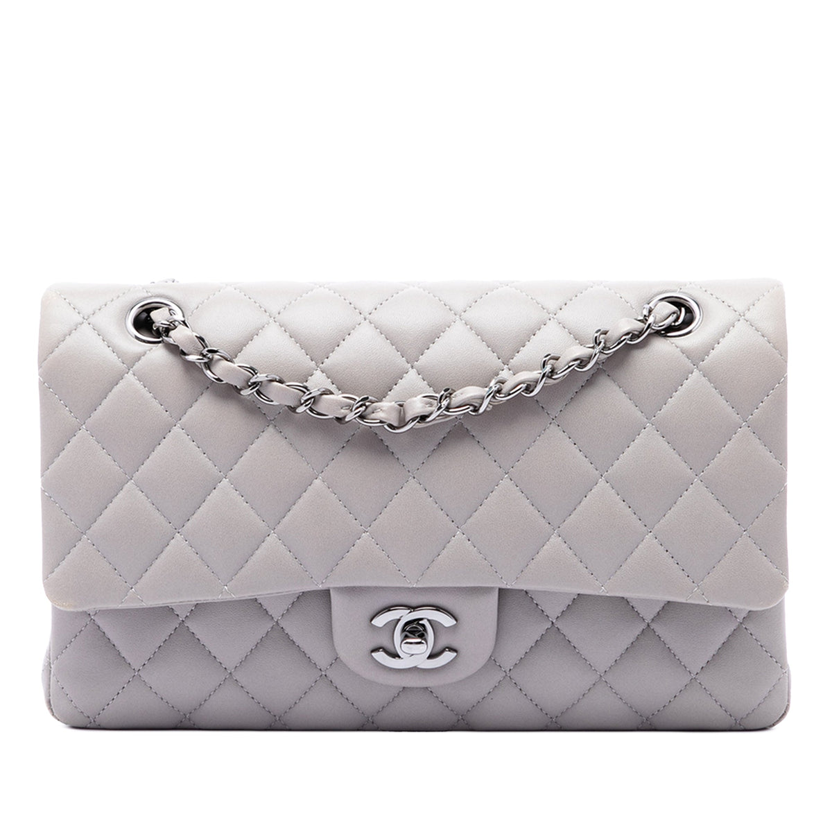 Chanel Medium Classic Lambskin Double Flap — Gray