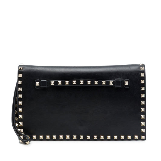 Valentino Leather Rockstud Flap Clutch — Black